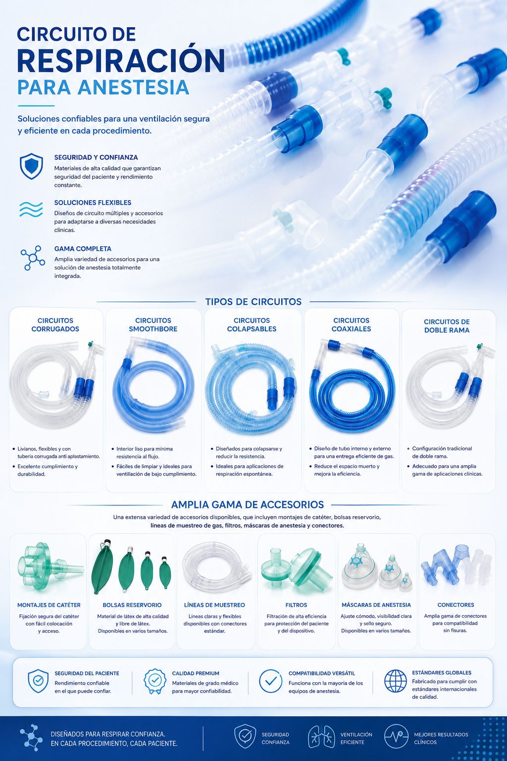 Circuitos de respiración para anestesia - Corrugados, smoothbore, colapsables, coaxiales, doble rama con accesorios (catheter mount, reservoir bags, filtros, máscaras, conectores)