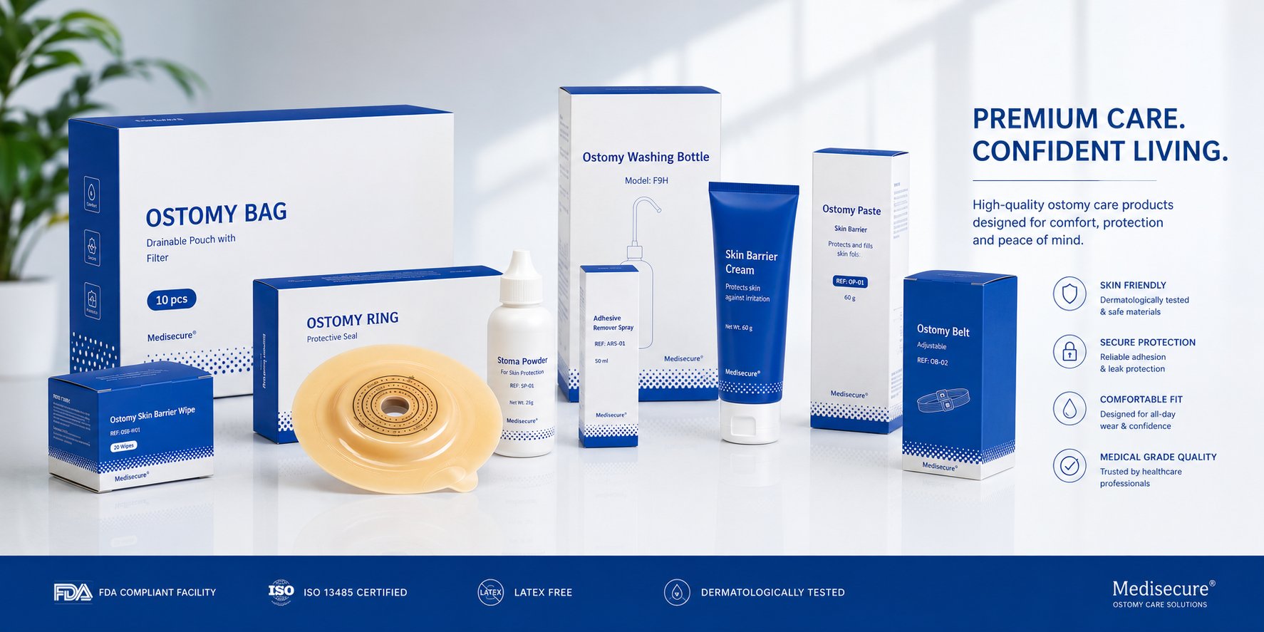 Productos de ostomía - bolsas, talco, cinturones, barreras cutáneas